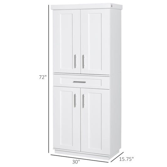 HOMCOM 72" Storage Cabinet, Freestanding Kitchen Pantry Cabinet with 4 Doors, Drawer and 3 Adjustable Shelves, White