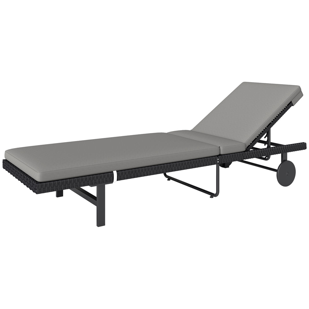 Outsunny PE Rattan Tanning Chair, Outdoor Patio Lounger with 5-Level Adjustable Back, Wheels and Cushion, Grey