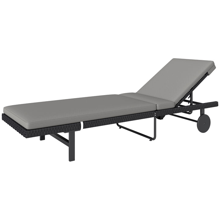 Outsunny PE Rattan Tanning Chair, Outdoor Patio Lounger with 5-Level Adjustable Back, Wheels and Cushion, Grey