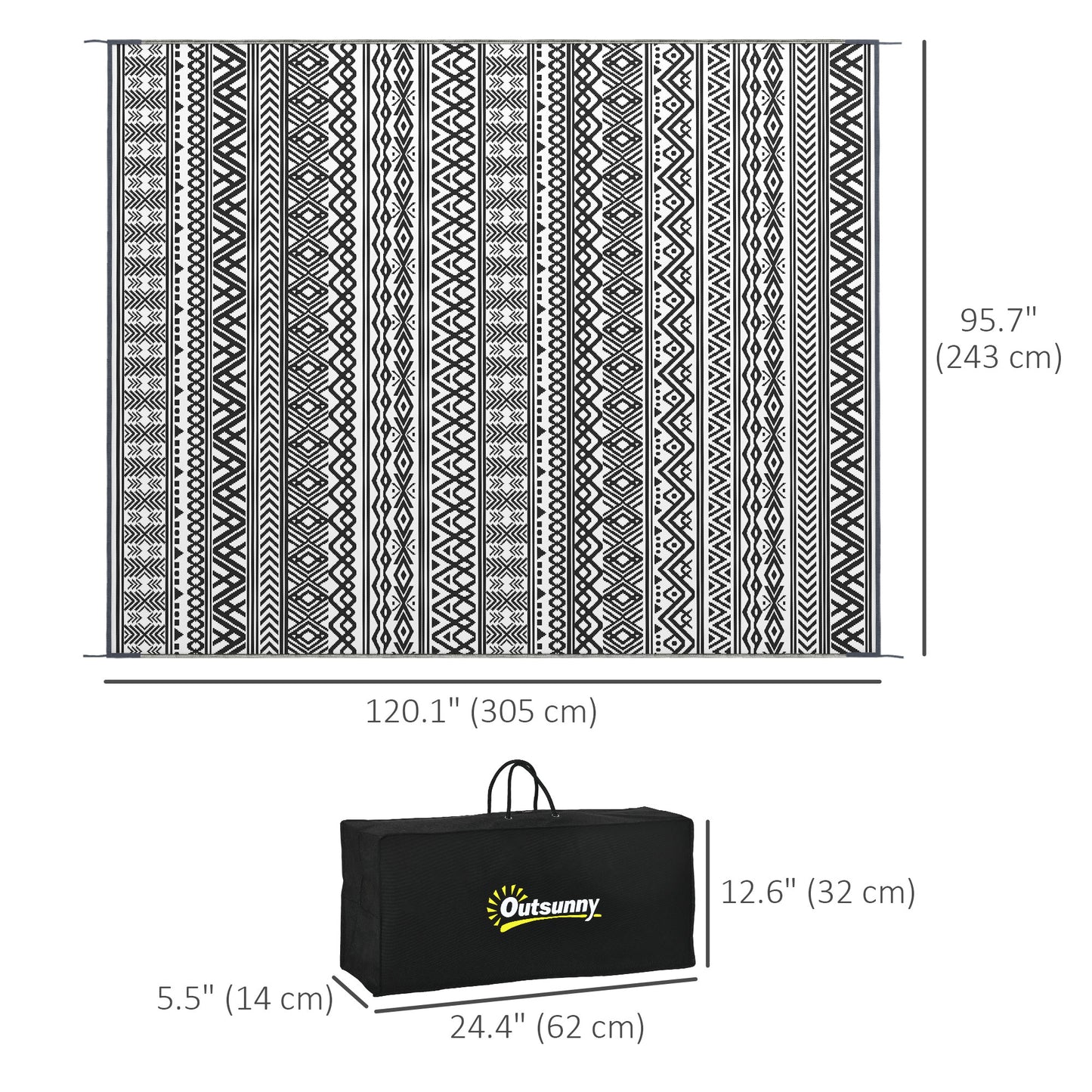 Outsunny Reversible Outdoor Rug Waterproof Plastic Straw RV Rug with Carry Bag, 9' x 12', Grey and Cream White Boho
