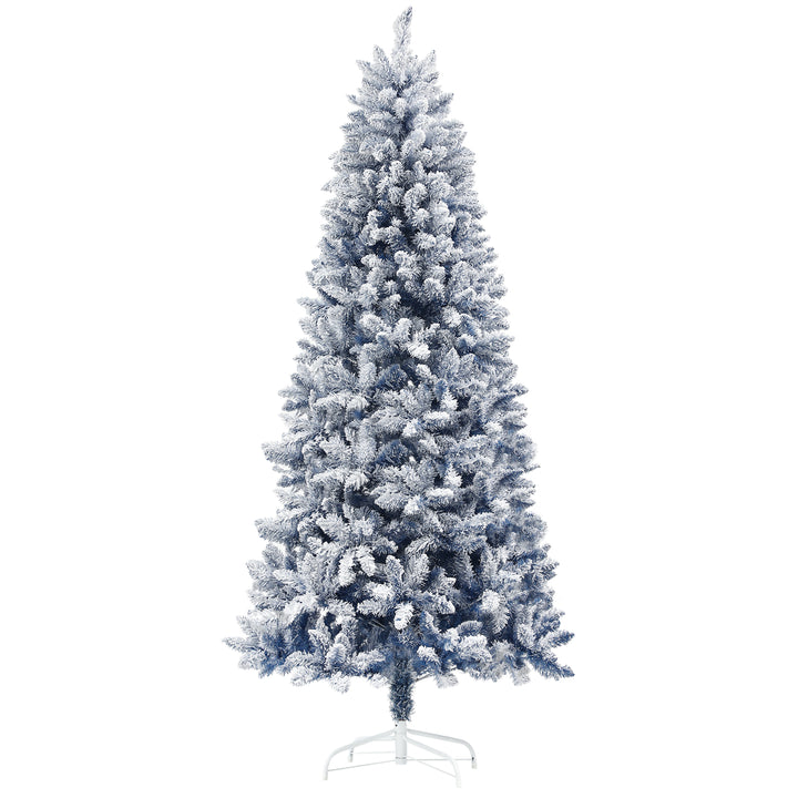 HOMCOM 7ft Flocked Blue Christmas Tree, Artificial Christmas Tree with Hinged Design, Faux Snow, for Home Office Holiday Xmas