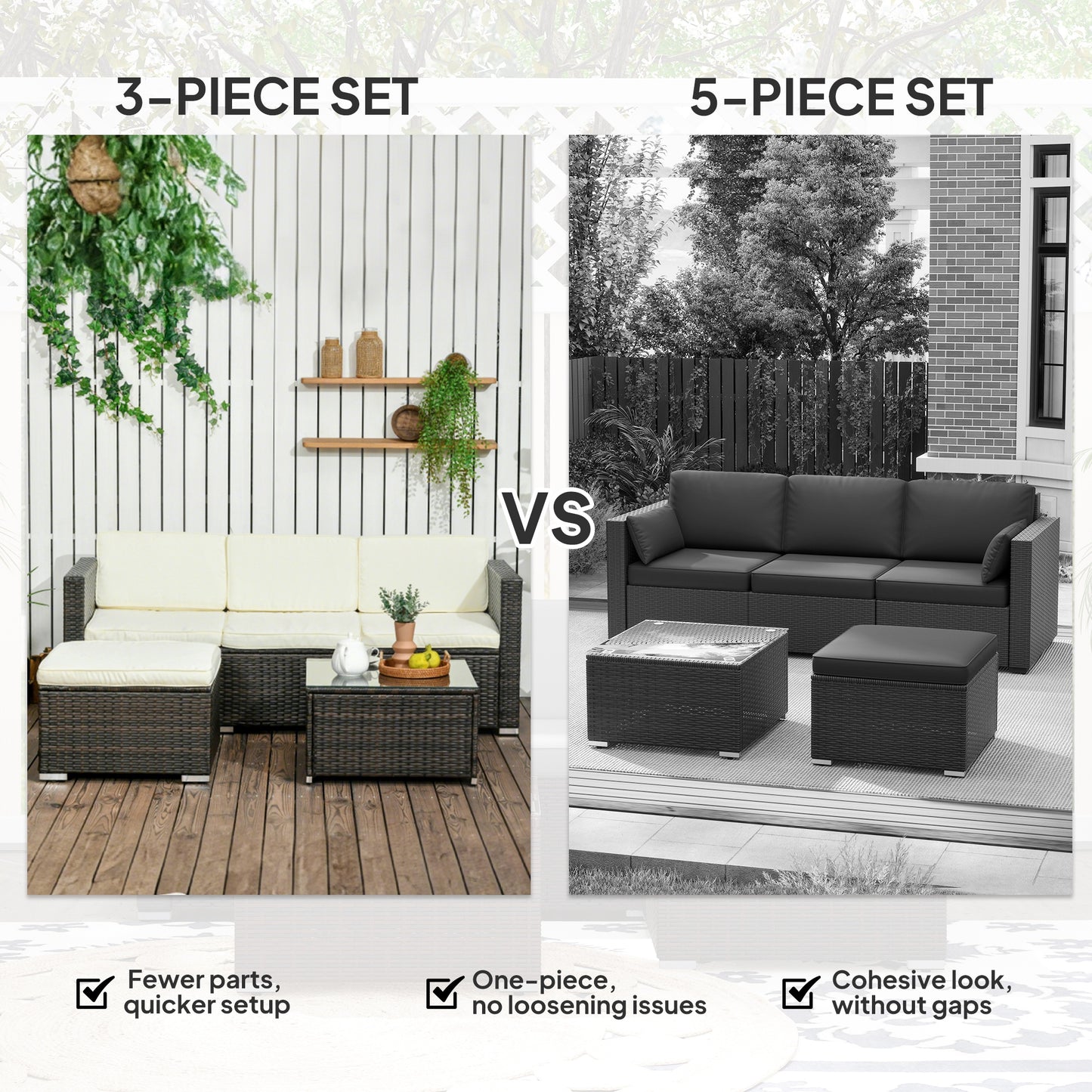 Outsunny 3 Pieces Patio Furniture Set with Cushions, Outdoor PE Rattan Wicker Conversation Corner Sofa Set with Glass Top Table and Adjustable Foot for Garden, Lawn, Cream White