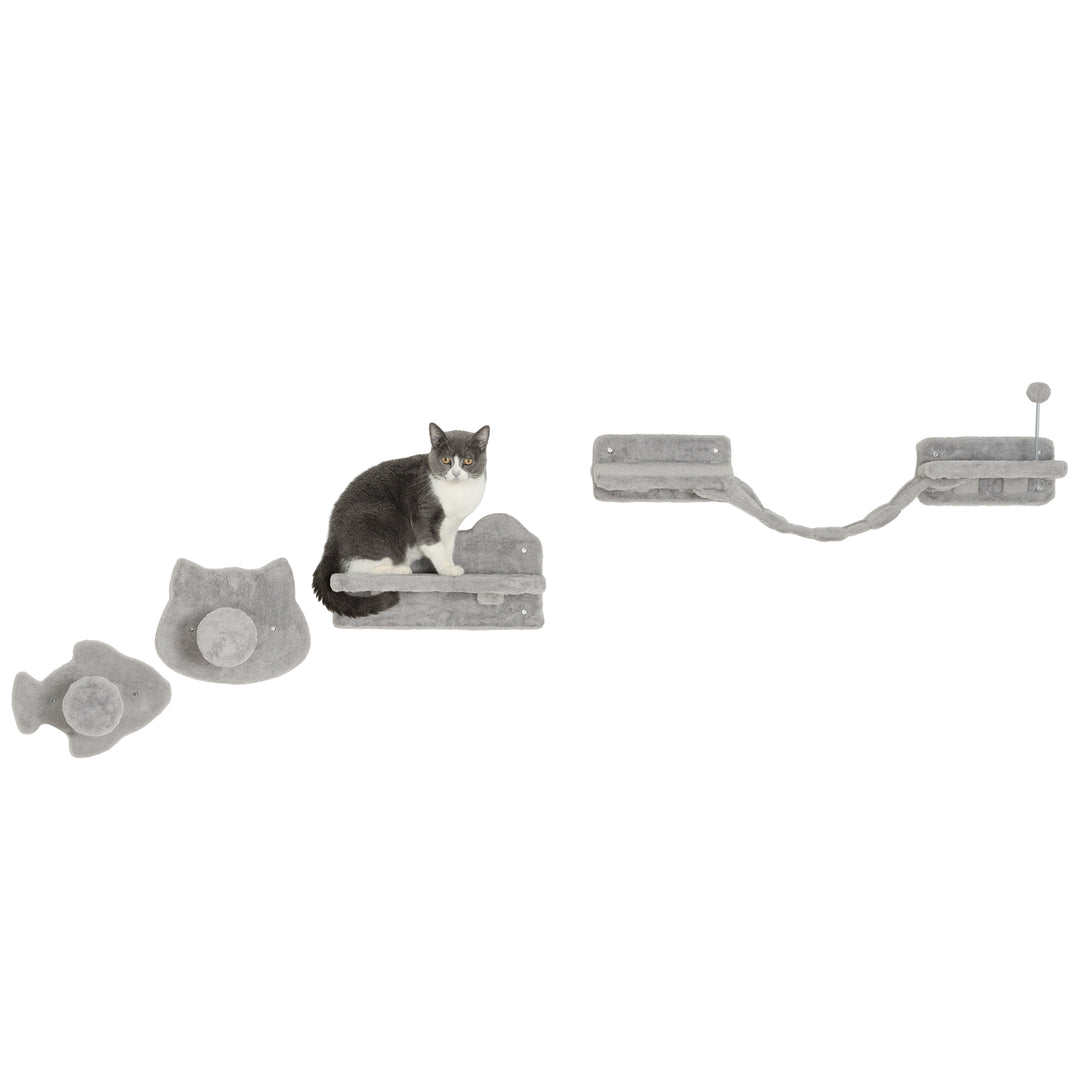 PawHut 4PCs Cat Wall Shelves with Steps, Scratching Posts, Ladder, Platforms, Toy Balls