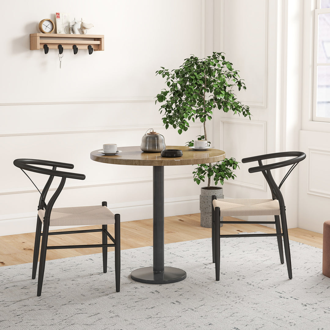 HOMCOM Set of 2 Weave Dining Chairs, Mid-Century Modern Dining Room Chairs with Y-Shaped Backrest and Hemp Seat, Black