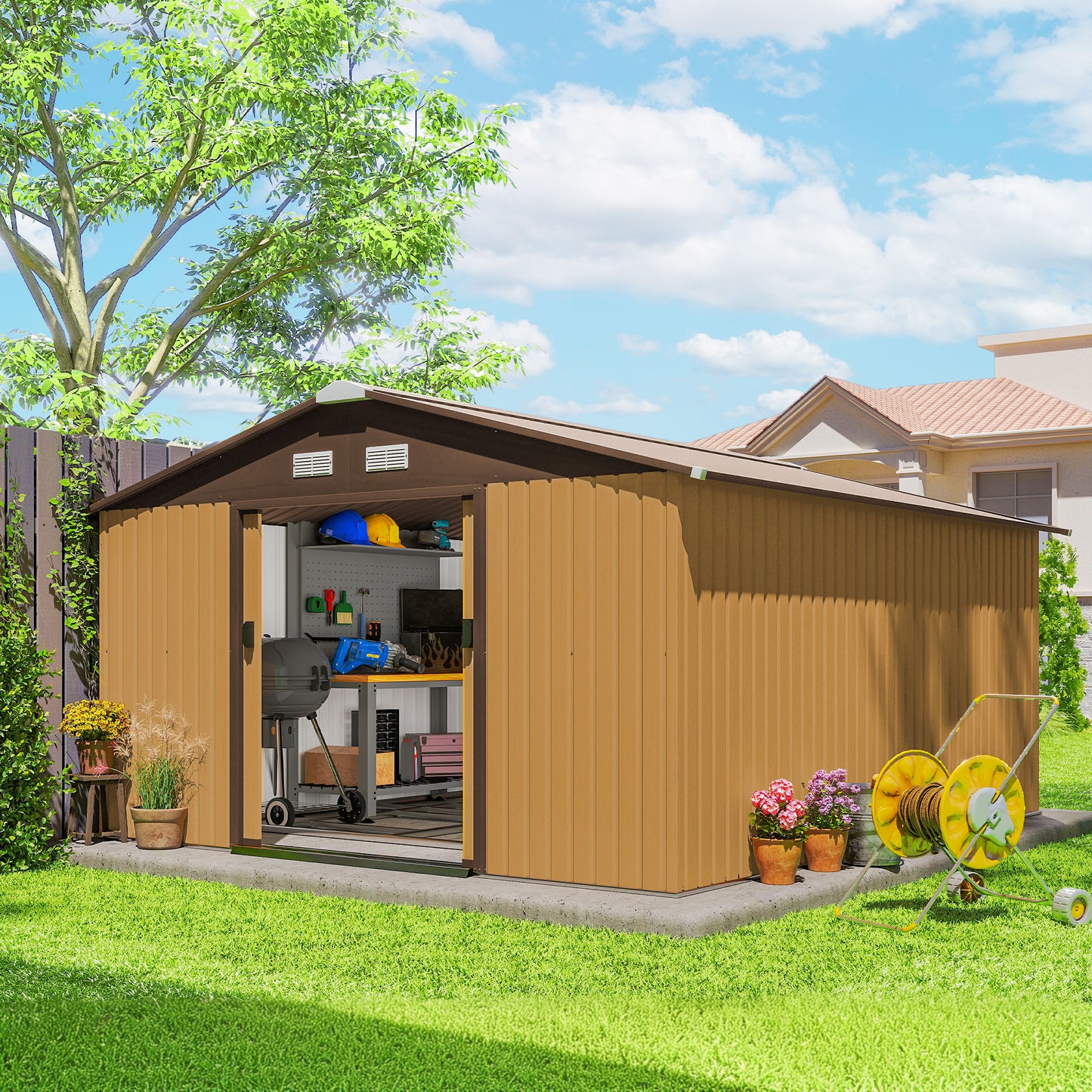 Outsunny 11' x 13'Garden Storage Shed w/ Foundation Kit Metal Tool Storage House w/ Double Doors Yellow