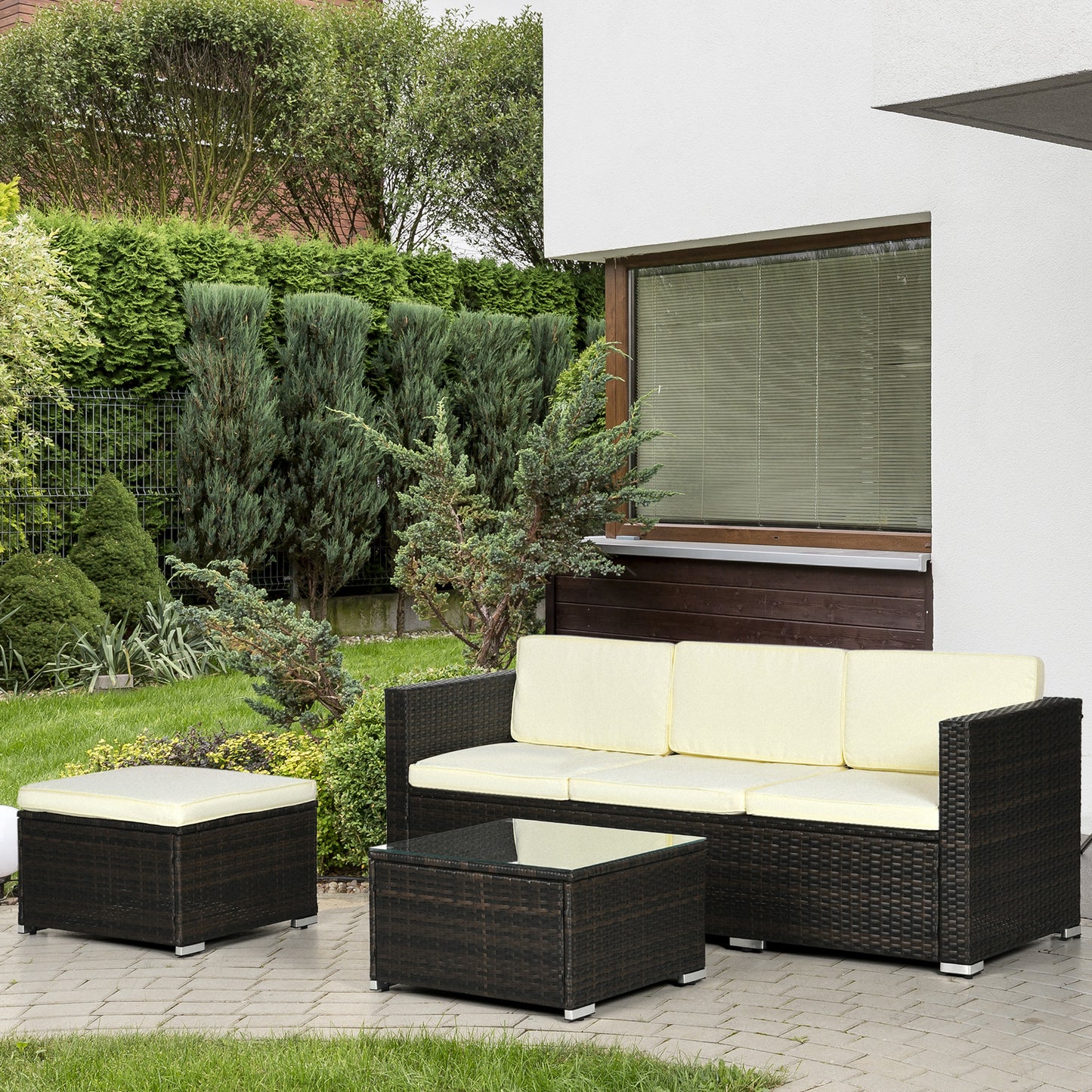 Outsunny 3 Pieces Patio Furniture Set with Cushions, Outdoor PE Rattan Wicker Conversation Corner Sofa Set with Glass Top Table and Adjustable Foot for Garden, Lawn, Cream White
