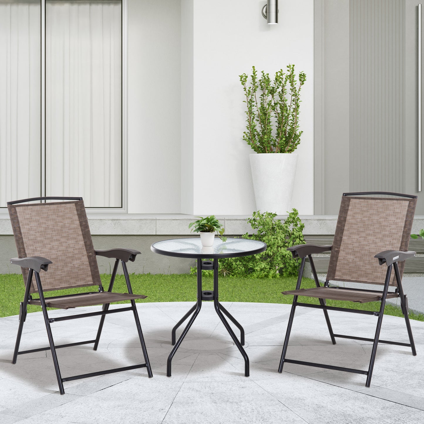 Outsunny Folding Outdoor Bistro Set, Patio Table and Chairs with Reclining Backrest and Round Dining Table, Brown