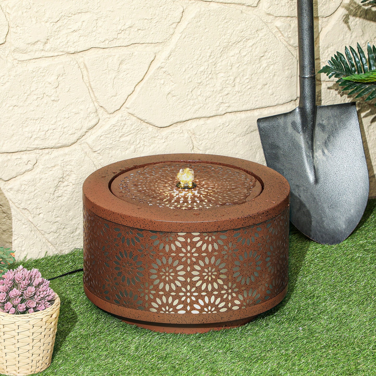 Outsunny Outdoor Water Fountain with LED Lights, 10" Tall Garden Waterfall Fountain with Adjustable Flow, Brown
