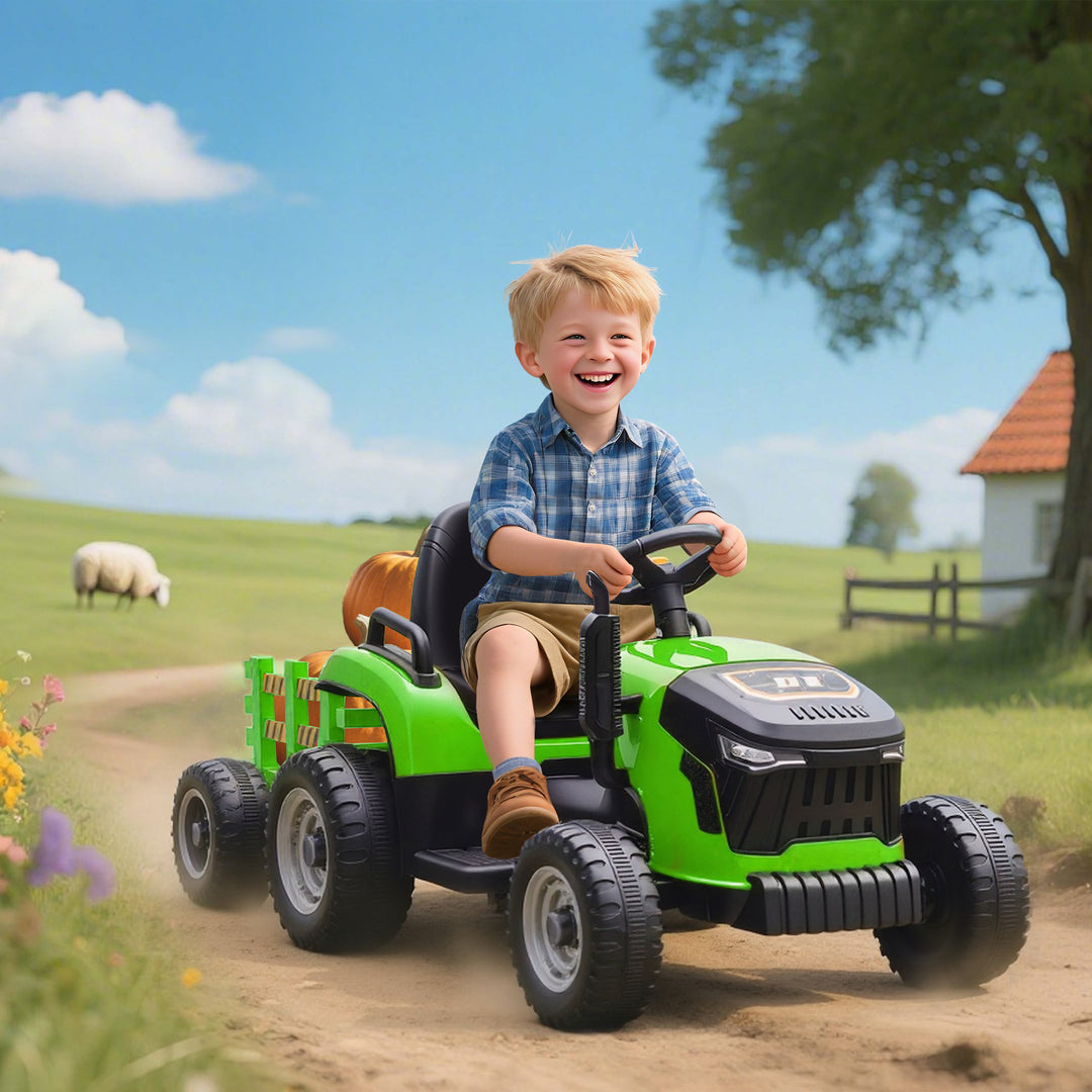 Qaba 12V Kids Ride On Tractor with Trailor, Remote Control, Music, Lights, Shifter, for Kids Ages 3-8 Years, Blue