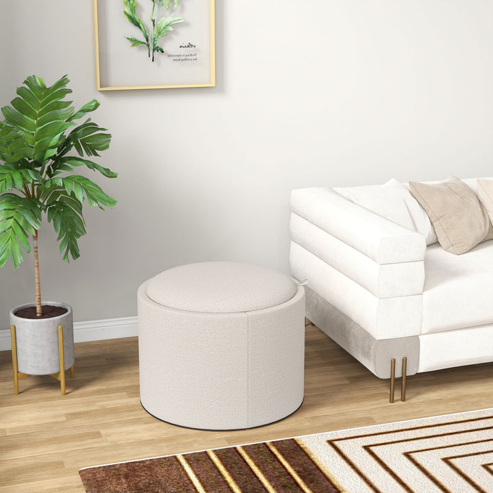 HOMCOM Round Coffee Table, End Table with Hidden Storage and Tray Top, Linen Upholstered Footrest for Living Room