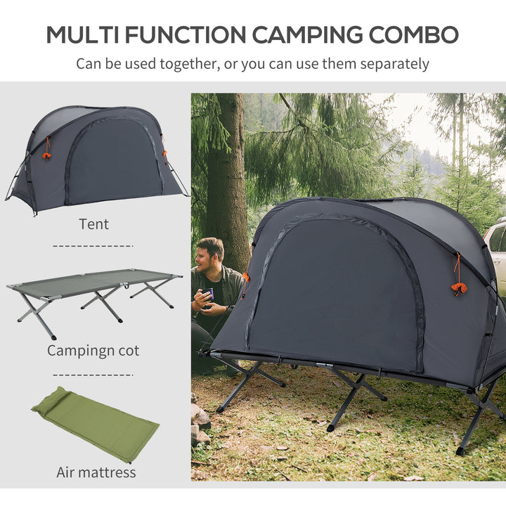 Outsunny Camping Tent Cot, Multifunctional Folding Tent Combo, Portable Off-Ground Tent Shelter with Self-Inflating Air Mattress and Carry Bag for 1 Person