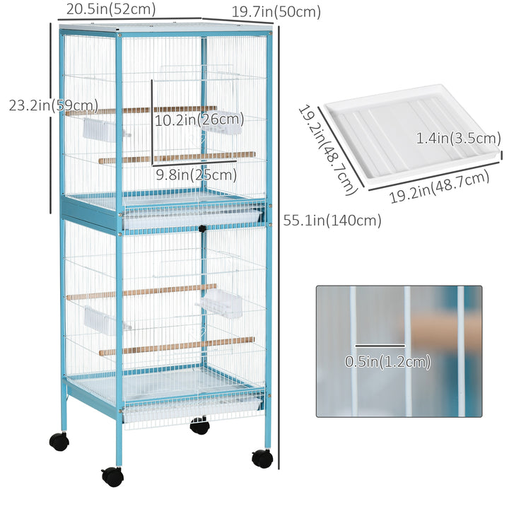 PawHut 55.1" 2 In 1 Bird Cage Aviary Parakeet House for finches, budgies with Wheels, Slide-out Trays, Wood Perch, Food Containers, Light Blue