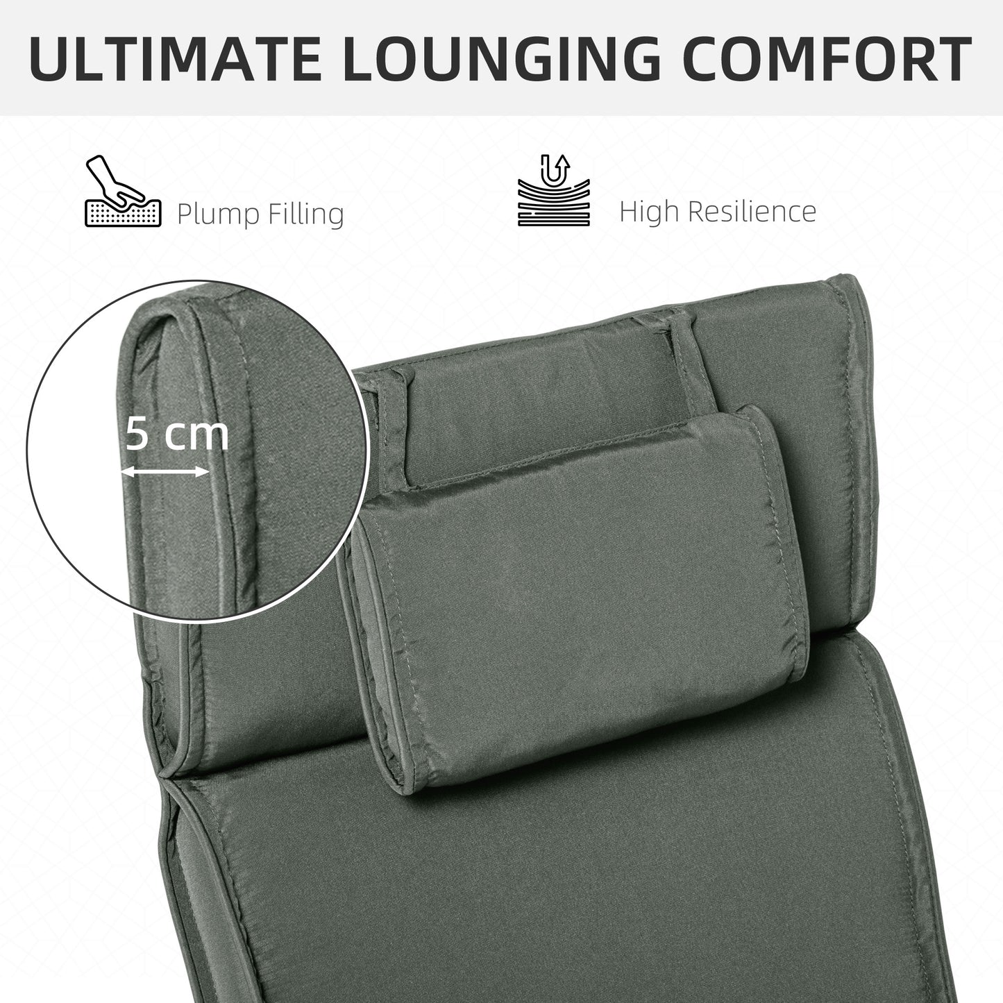 Outsunny Garden Lounger Chair Cushion Replacement, Deep Seat Patio Cushions with Thick Padded, Headrest, Removable Cover, Grey