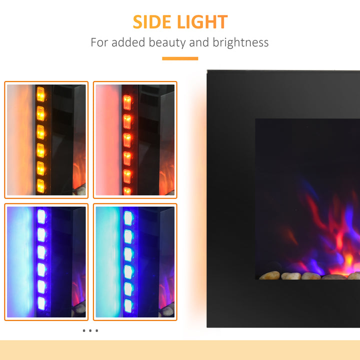 HOMCOM 36" Wall-Mounted Electric Fireplace, 750/1500W Fireplace Heater with Flame Effect, 7 Color Background Light and Side Light, Black