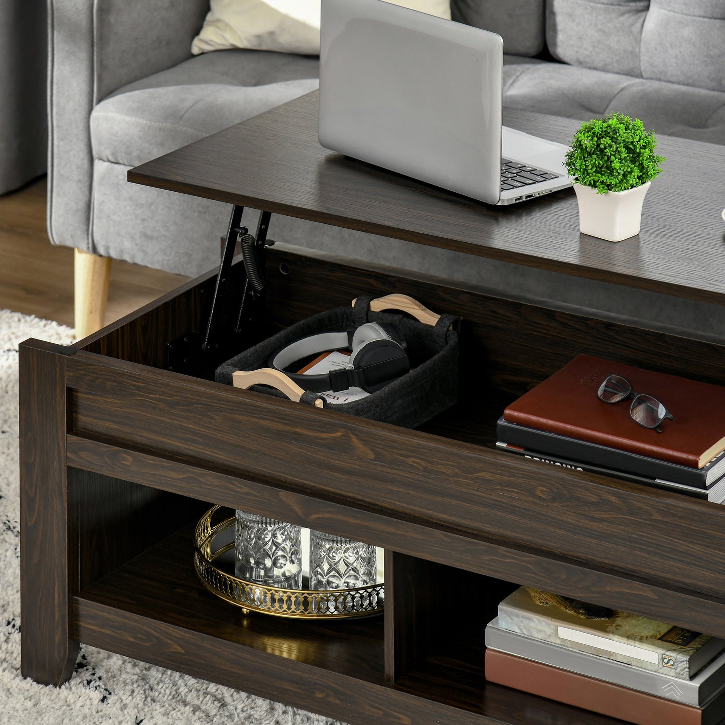 HOMCOM Lift Top Coffee Table with Hidden Storage Compartment and Open Shelves, Lift Tabletop Pop-Up Center Table for Living Room, White