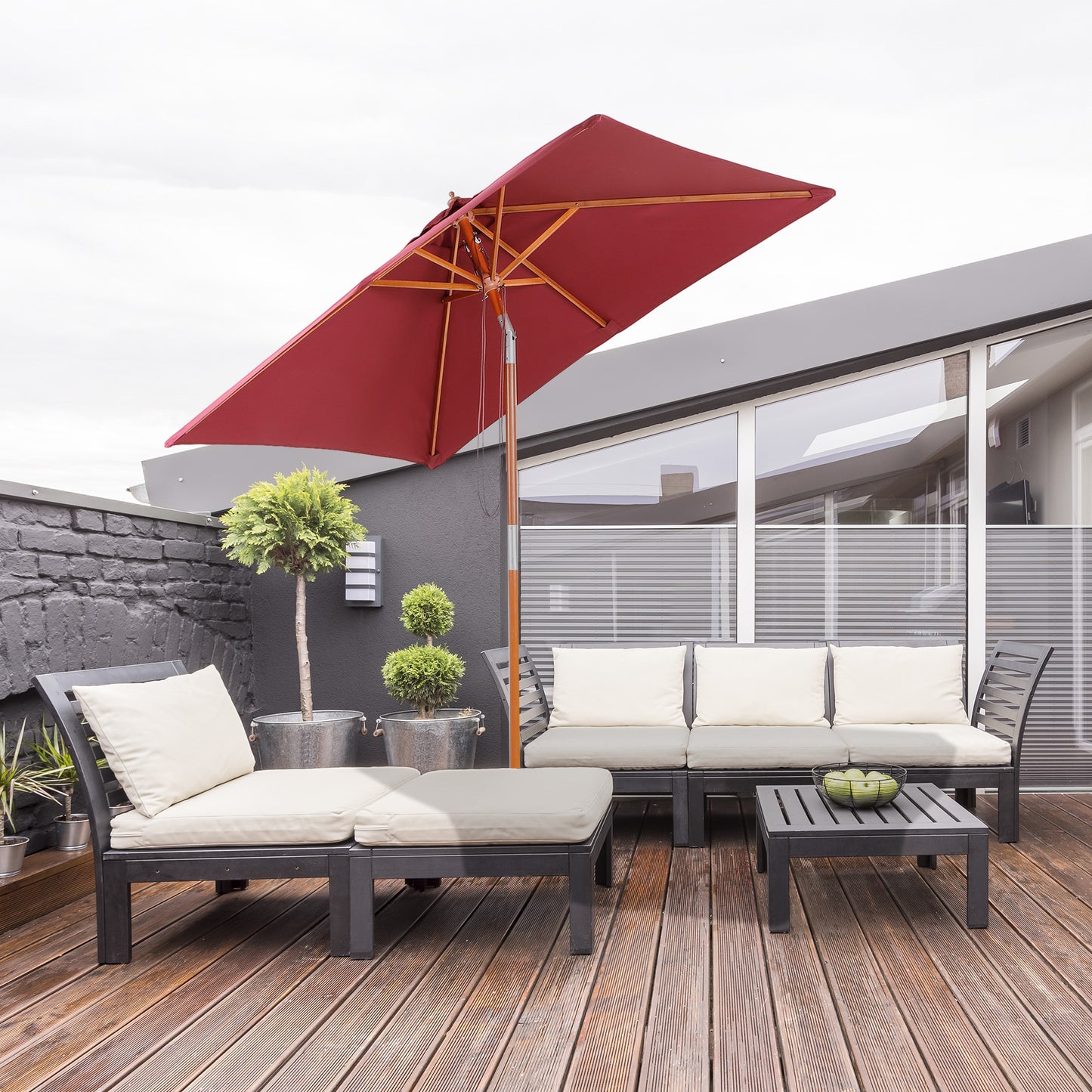 Outsunny 6.6x5ft Square Market Parasol, Wooden Patio Umbrella with Tilt Mechanism and 6 Bamboo Ribs, Garden Sunshade, Wine Red