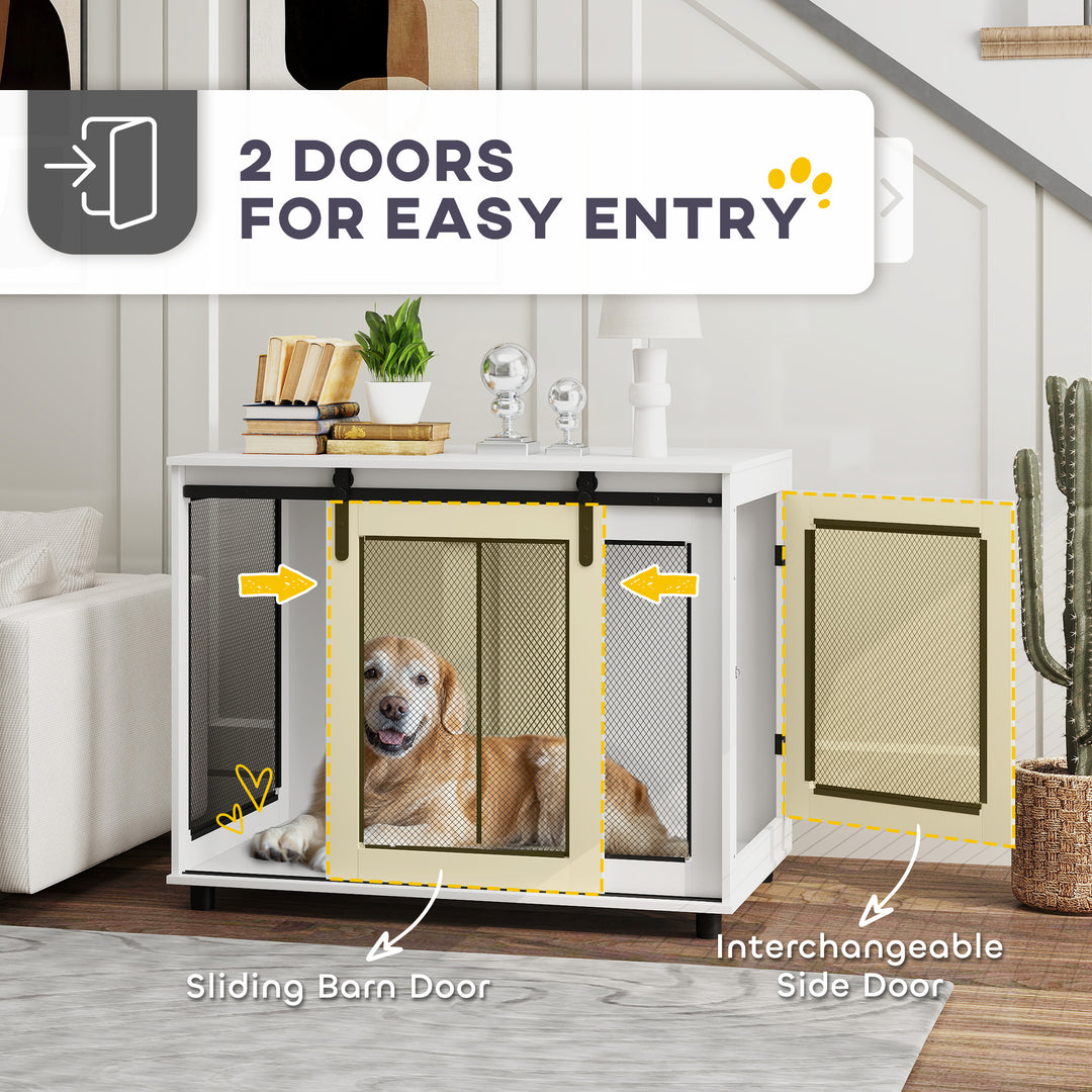 PawHut 39" Dog Crate Furniture with Sliding Barn Door, Furniture Style Dog Cage End Table for Large Dogs, White