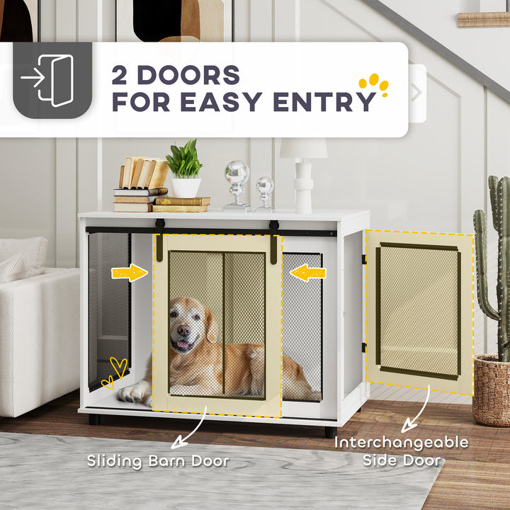 PawHut 39" Dog Crate Furniture with Sliding Barn Door, Furniture Style Dog Cage End Table for Large Dogs, White