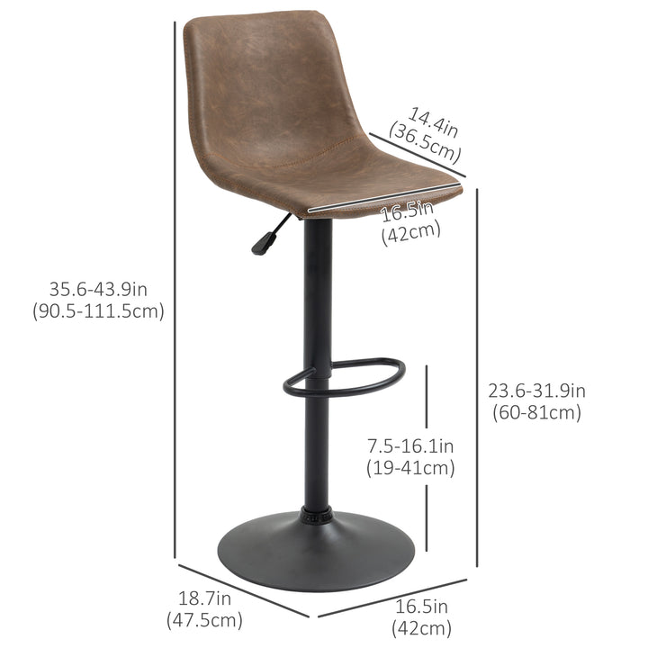 HOMCOM Adjustable Counter Height Bar Stools Set of 2, 360° Swivel Kitchen Counter Stools Dining Chairs with Backs, Vintage Leather, Brown