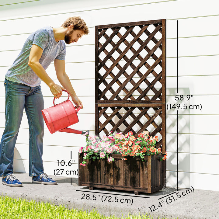 Outsunny 2.4 x 1 x 4.9 ft Garden Wooden Pine Trough Planter with Topped Trellis Climbing Plants Flower Raised Bed, Orange