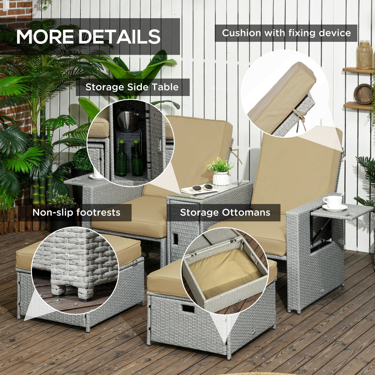 Outsunny 5PC Wicker Patio Lounger, Outdoor PE Rattan 5-level Adjustable Recliner Sofa Bed with Storage Side Table and Footstools, for Patio, Garden, Poolside, Khaki