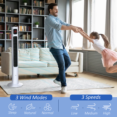 HOMCOM Freestanding Tower Fan Cooling for Home Bedroom with Oscillating, 3 Speed, 12h Timer, LED Sensor Panel, Remote Controller, White
