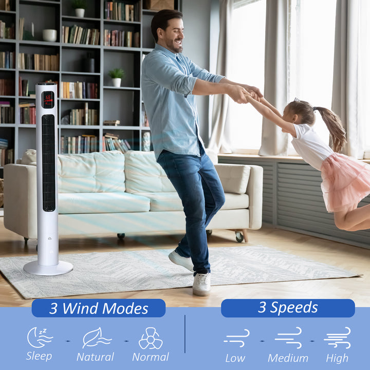 HOMCOM Freestanding Tower Fan Cooling for Home Bedroom with Oscillating, 3 Speed, 12h Timer, LED Sensor Panel, Remote Controller, White
