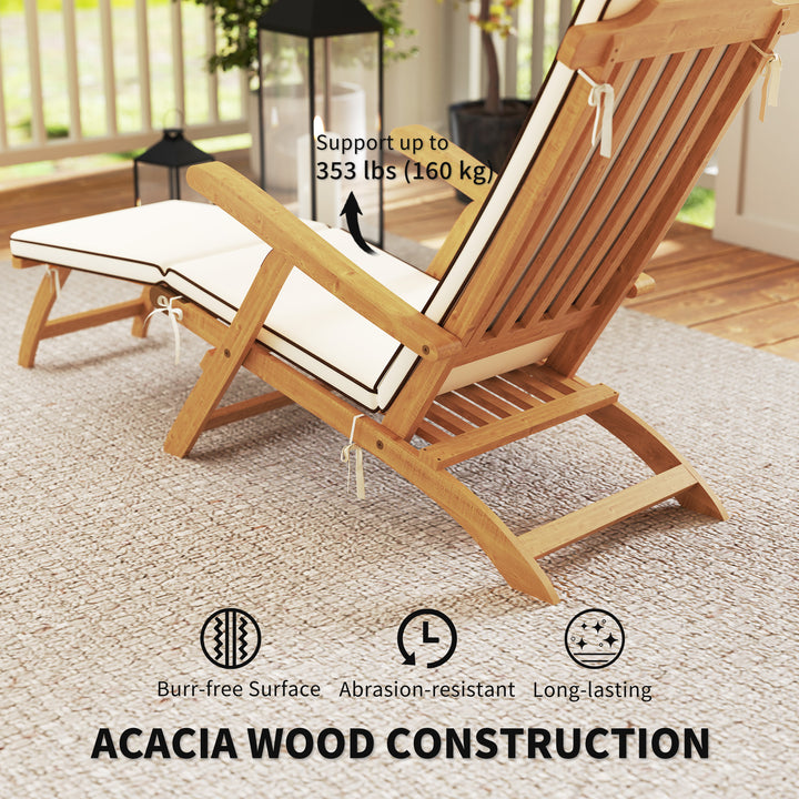 Outsunny Folding Patio Lounge Chair with Padded Cushion, Acacia Wood Patio Lounger Recliner with Footrest for Garden, White