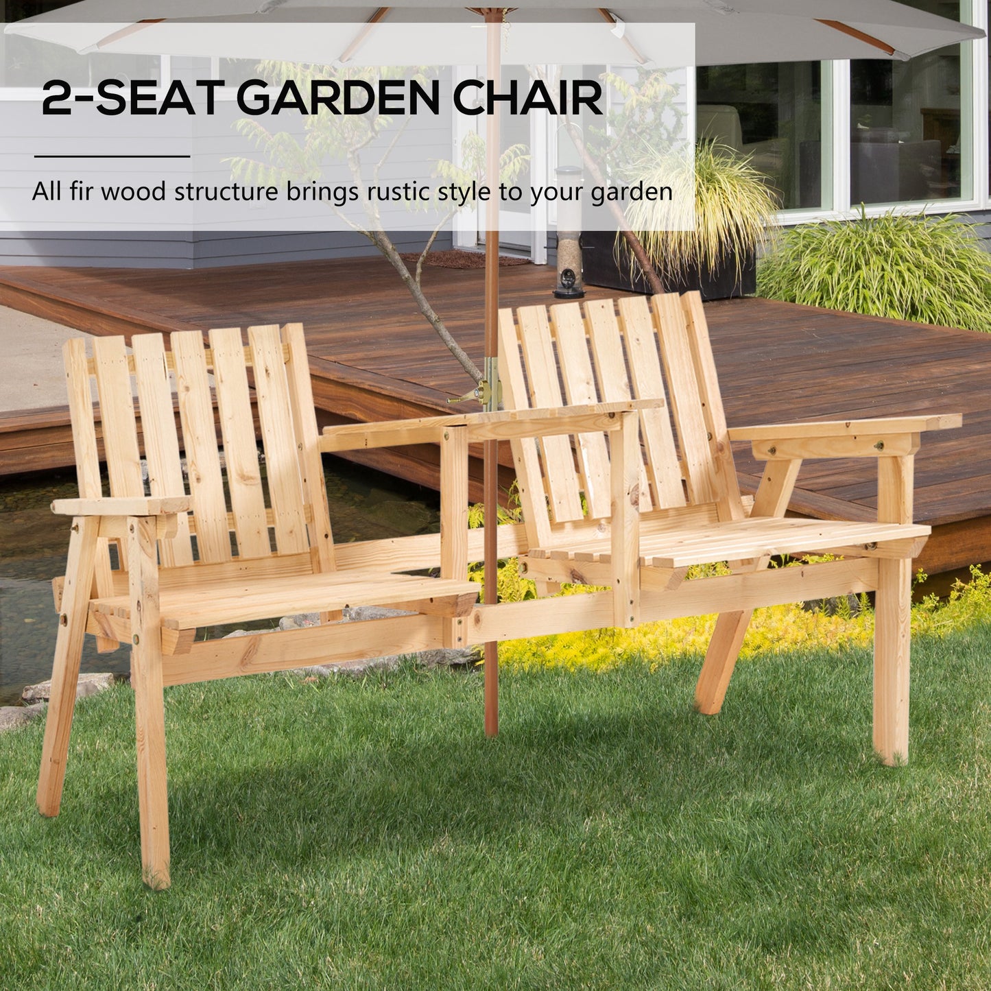 Outsunny Garden Bench for 2 Persons with Middle Table and Umbrella Hole, 2-Seater Outdoor Wooden Bench with Slat Design, Natural