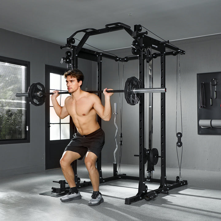 Soozier Multi-Functional Power Rack, Smith Machine Cable Crossover System with Pull Up Bar, Lat-Pull Down System, Landmine