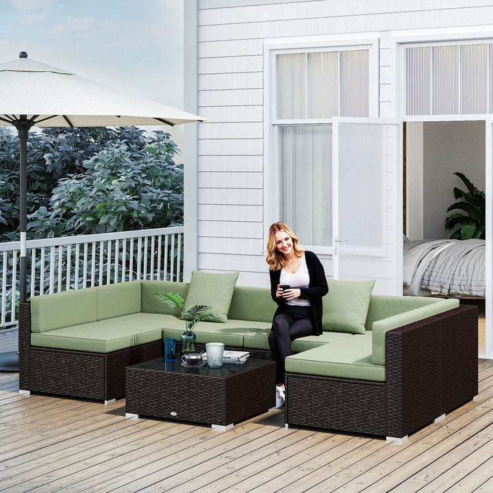 Outsunny 7pc Garden Wicker Sectional Set w/ Tea Table Patio Rattan Lounge Sofa Outdoor Deck Furniture Blue