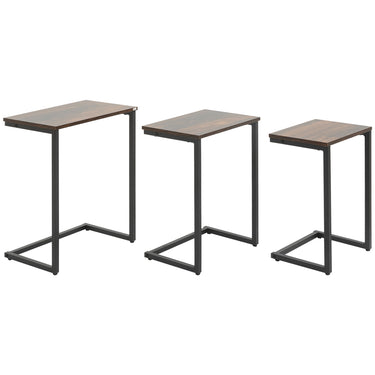 HOMCOM Nesting End Tables Set of 3, Industrial C-Shaped Snack Side Table with Steel Frame for Sofa Couch, Bed, Living Room, Rustic Brown
