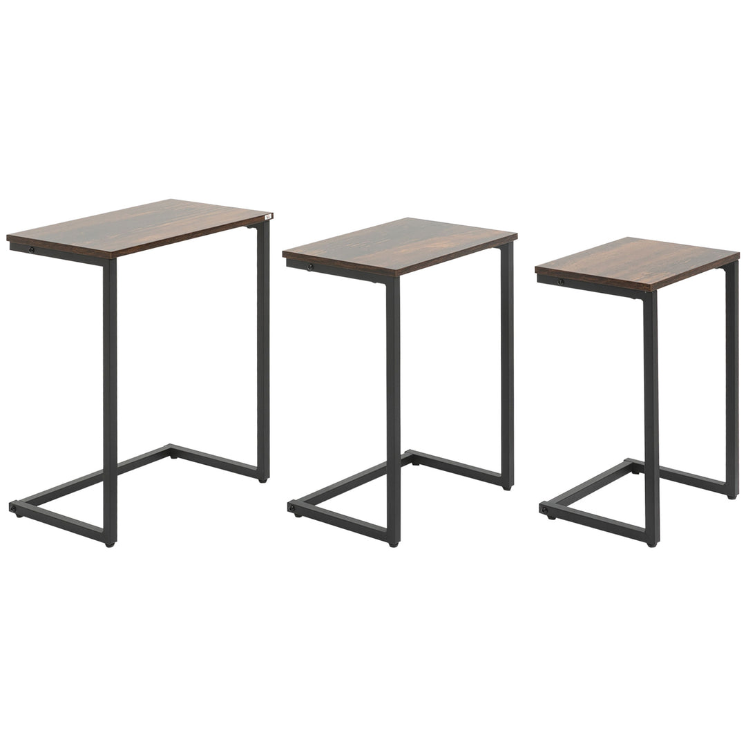 HOMCOM Nesting End Tables Set of 3, Industrial C-Shaped Snack Side Table with Steel Frame for Sofa Couch, Bed, Living Room, Rustic Brown