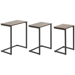 HOMCOM Nesting End Tables Set of 3, Industrial C-Shaped Snack Side Table with Steel Frame for Sofa Couch, Bed, Living Room, Rustic Brown