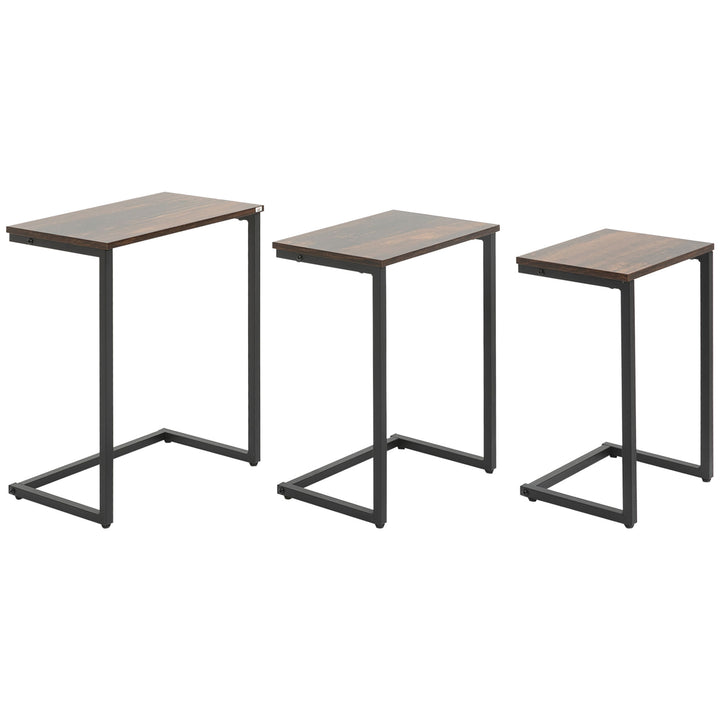 HOMCOM Nesting End Tables Set of 3, Industrial C-Shaped Snack Side Table with Steel Frame for Sofa Couch, Bed, Living Room, Rustic Brown