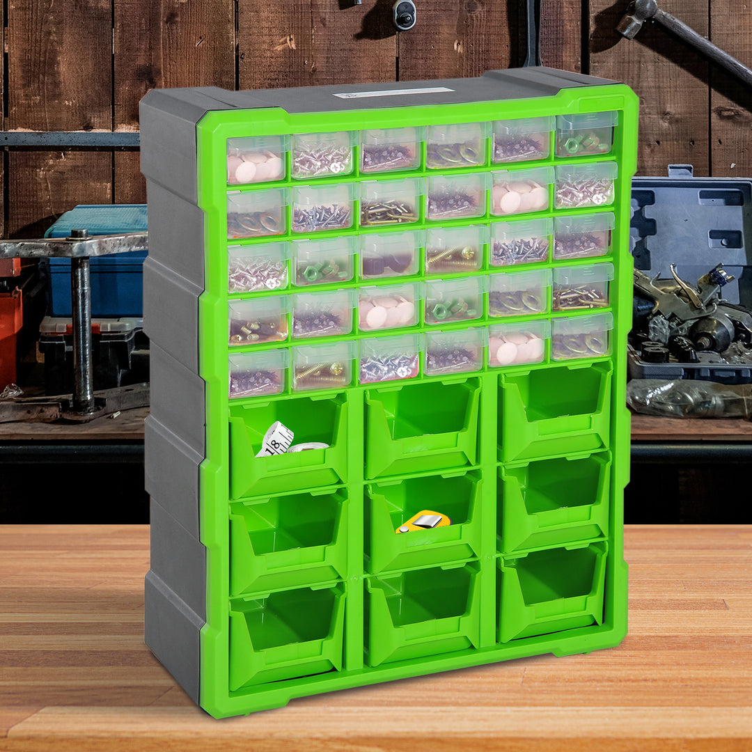 DURHAND Plastic 39 Drawer Parts Organiser Wall Mount Storage Cabinet for Small Nuts Bolts Tool Green