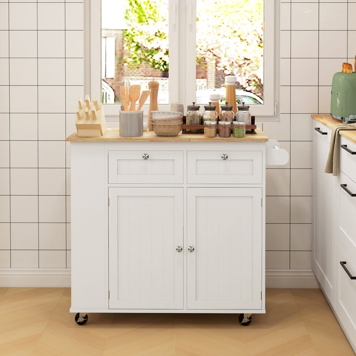 HOMCOM Kitchen Island with Power Outlet and Drop Leaf, Rolling Kitchen Cart with 2 Drawers and Adjustable Shelves, White