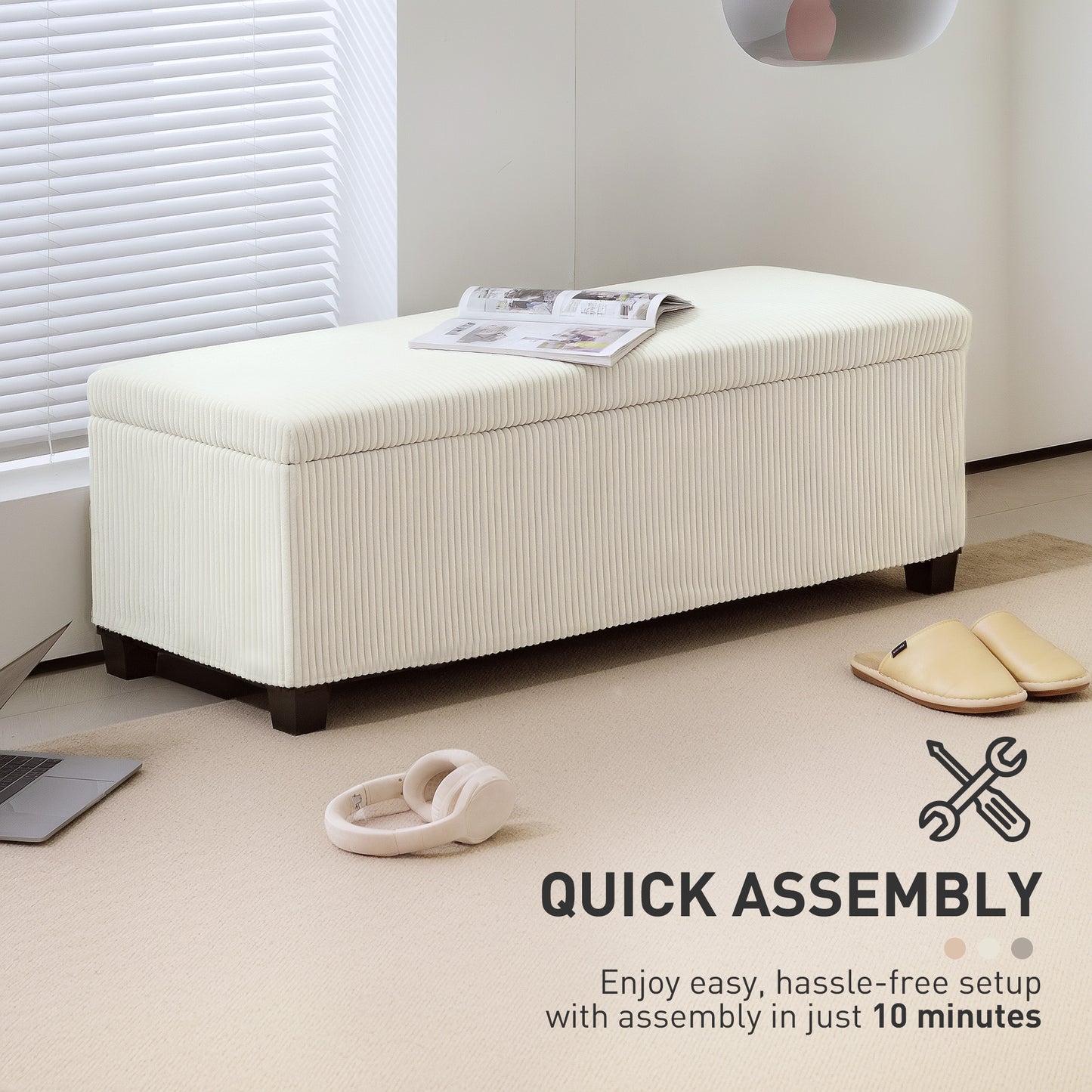 HOMCOM 44 Inches Ottoman with Storage, Lid, Legs, Corduroy End of Bed Bench for Living Room, Bedroom, Entryway, Beige