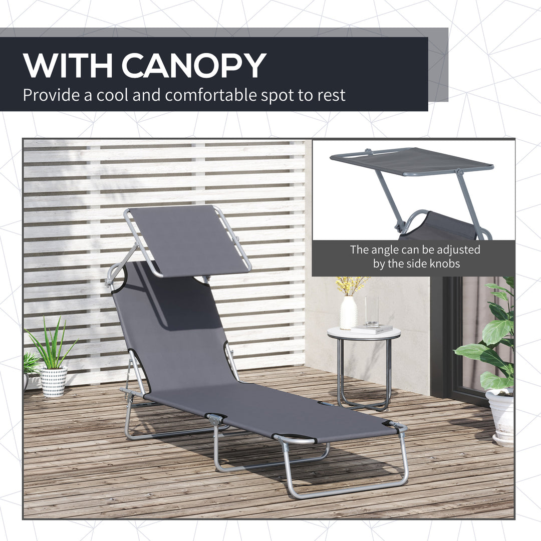 Outsunny Outdoor Lounge Chair, Adjustable Folding Chaise Lounge,  Tanning Chair with Sun Shade for Beach, Camping, Hiking, Backyard, Grey