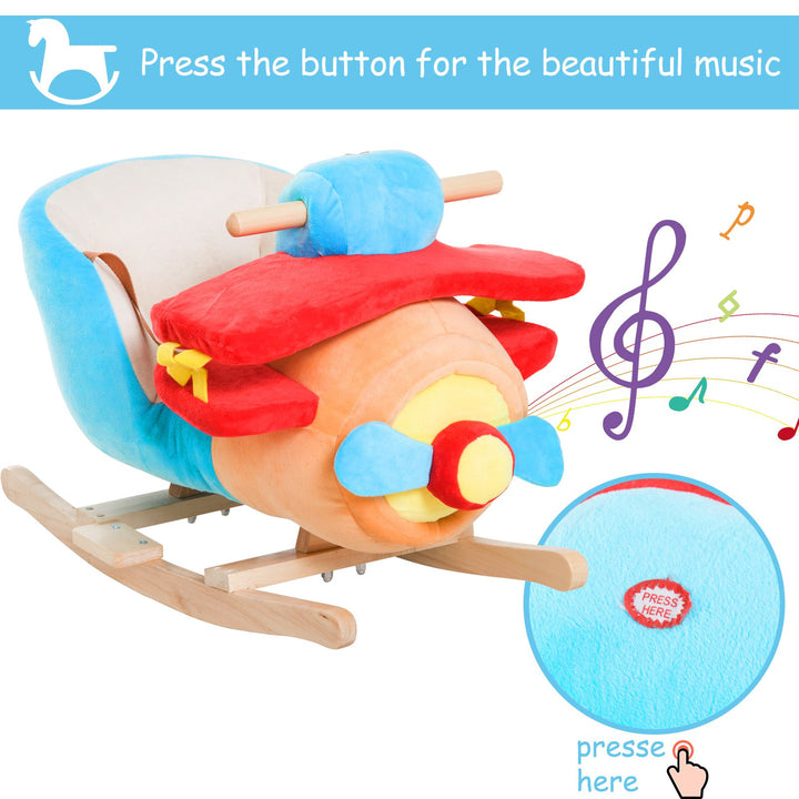 Qaba Kids Wooden Plush Ride-On Rocking Plane Chair Toy for Toddler Boy&Girl with Nursery Rhyme