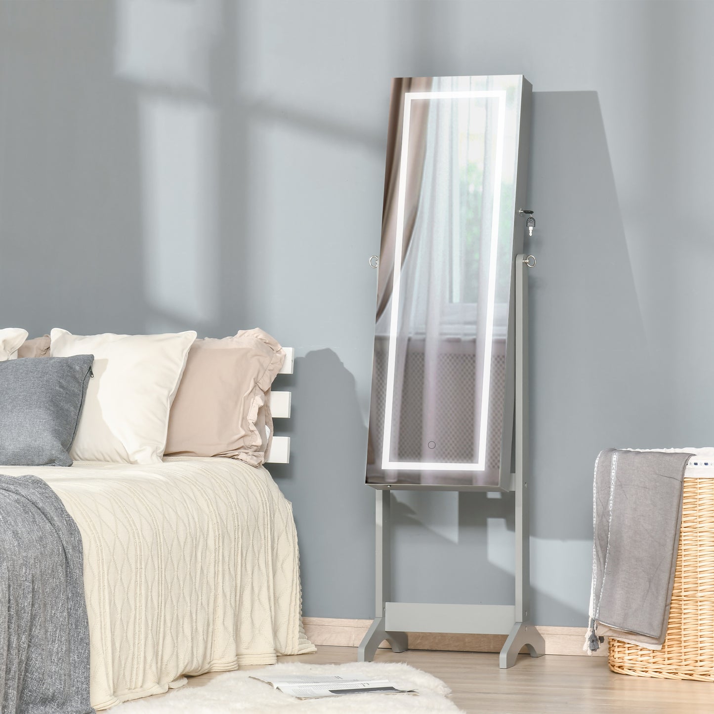 HOMCOM Lockable Jewelry Armoire with LED Light, Standing Mirror with Storage for Bedroom Dressing Room, Grey