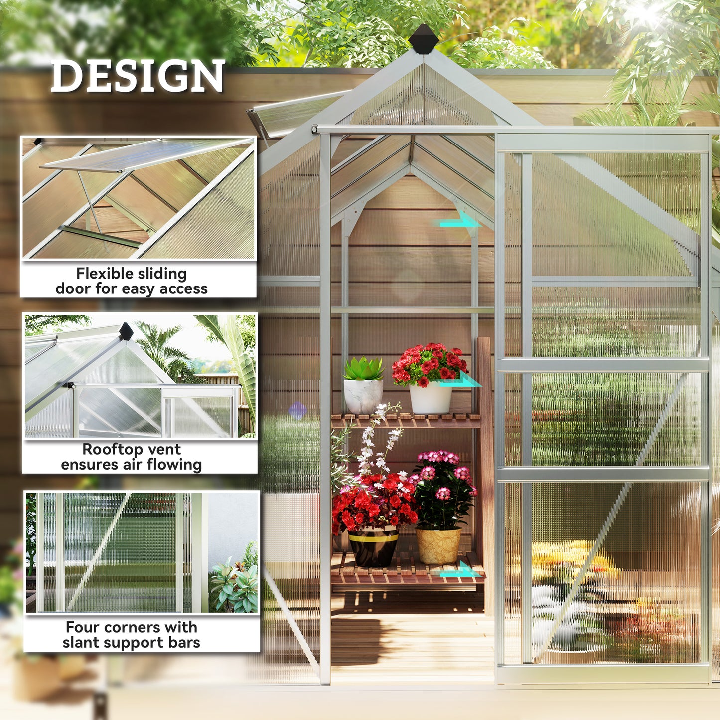 Outsunny 6' x 10' x 6.6' Polycarbonate Greenhouse, Walk-In Green House Kit Garden, Plants Grow, Galvanized Sheet Aluminum Frame with Rain Gutter, Vents and Sliding Door, Green