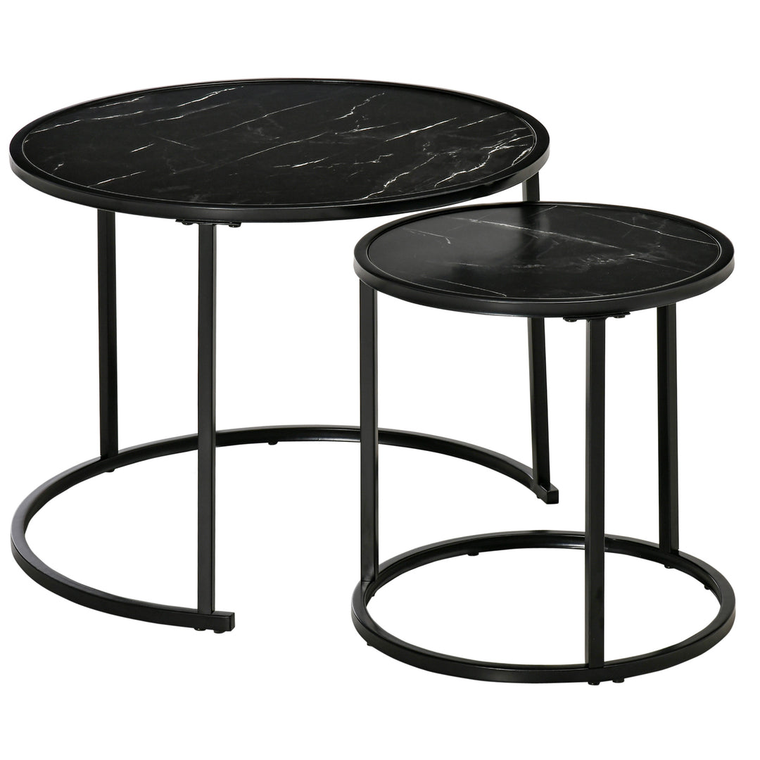 HOMCOM Round Nesting Coffee Table Set of 2, Stacking Modern Accent Tables with Faux Marble Tabletop and Metal Frame for Living Room, Black