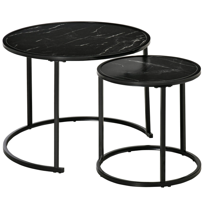 HOMCOM Round Nesting Coffee Table Set of 2, Stacking Modern Accent Tables with Faux Marble Tabletop and Metal Frame for Living Room, Black