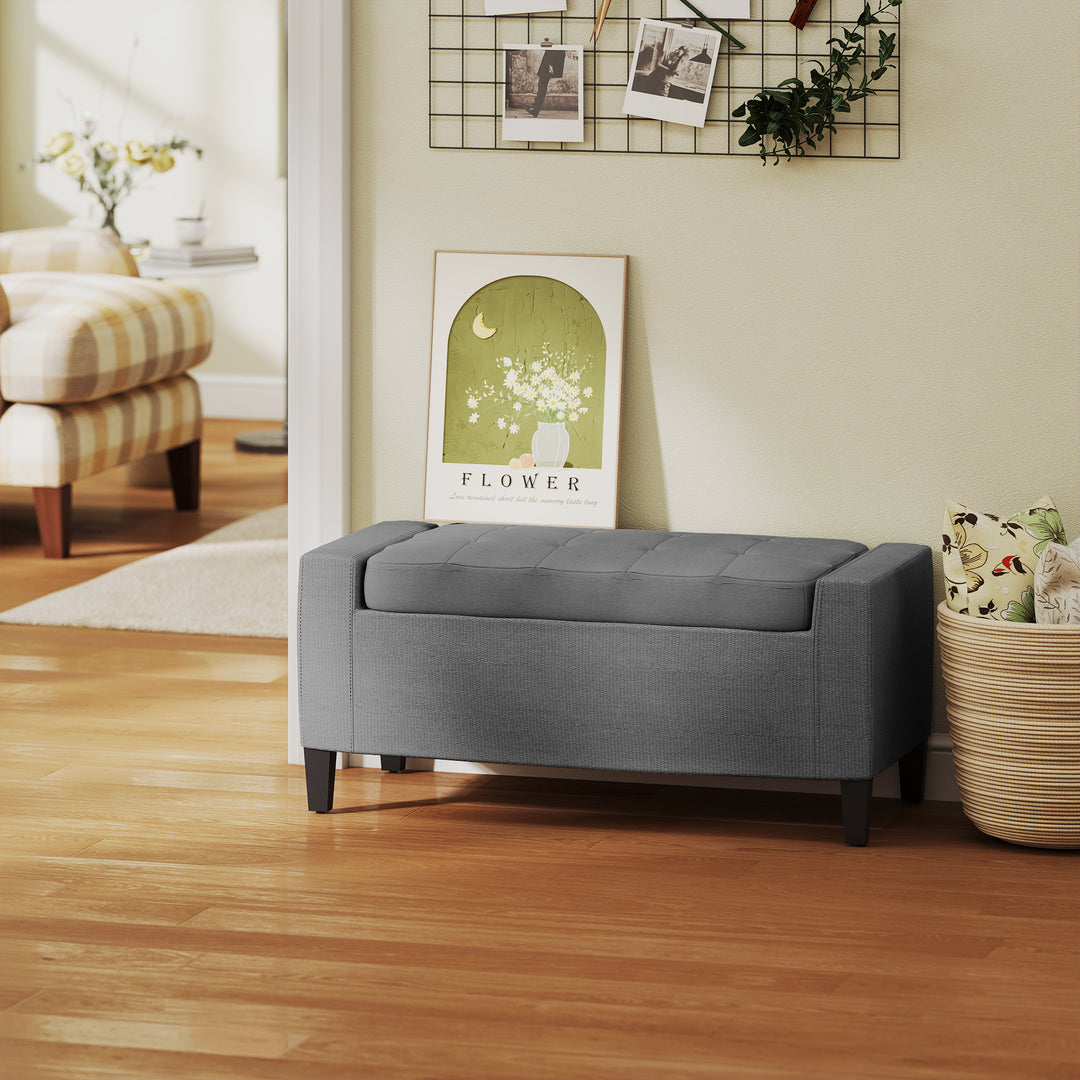 HOMCOM Storage Ottoman Bench, Linen Upholstered Bench with Tufted Design, Brown