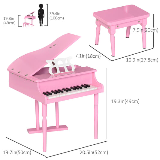 HOMCOM Modern Kids Piano, 30 Keys, Set of 2, Mini Toy for Child, Grand Piano with Music Stand and Bench, Ideal Gift, Pink