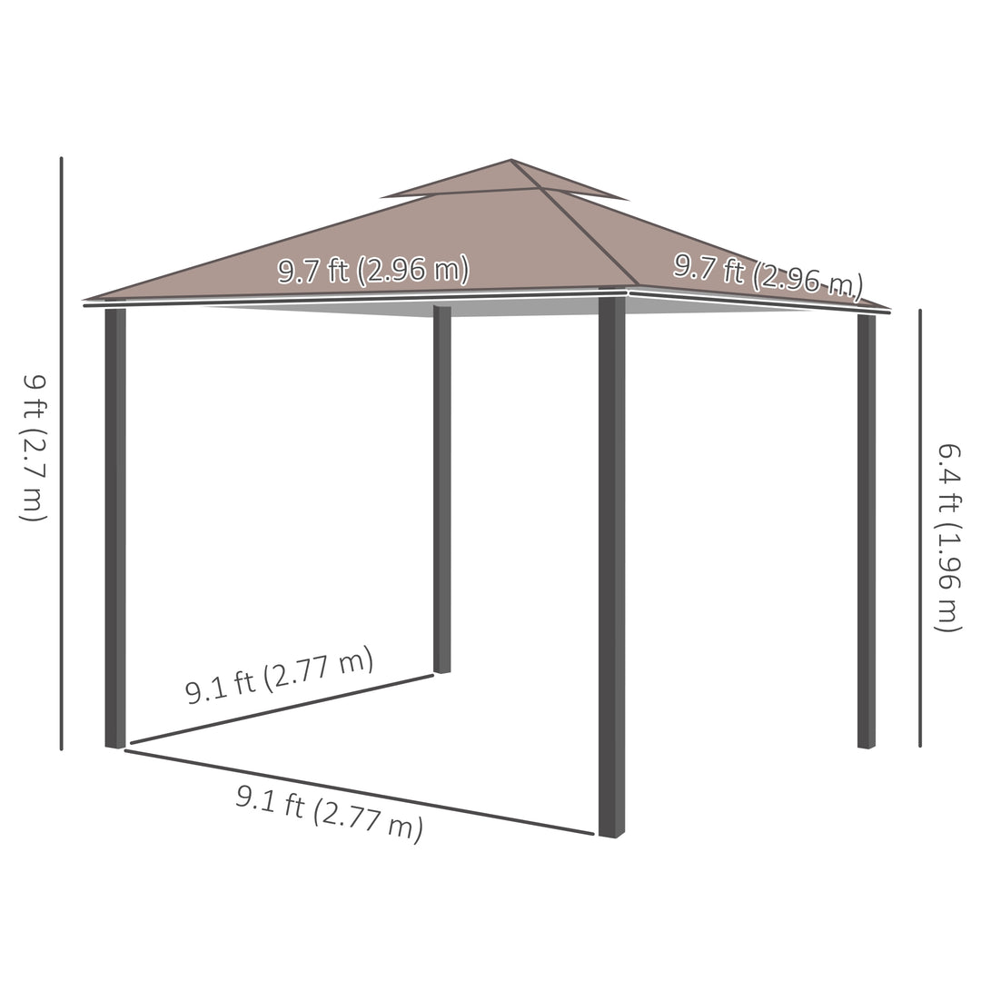 Outsunny 10' x 10' Outdoor Patio Gazebo Double Soft-top Garden Shelter Tent with Curtains, & Mesh Screen Drapes, Brown