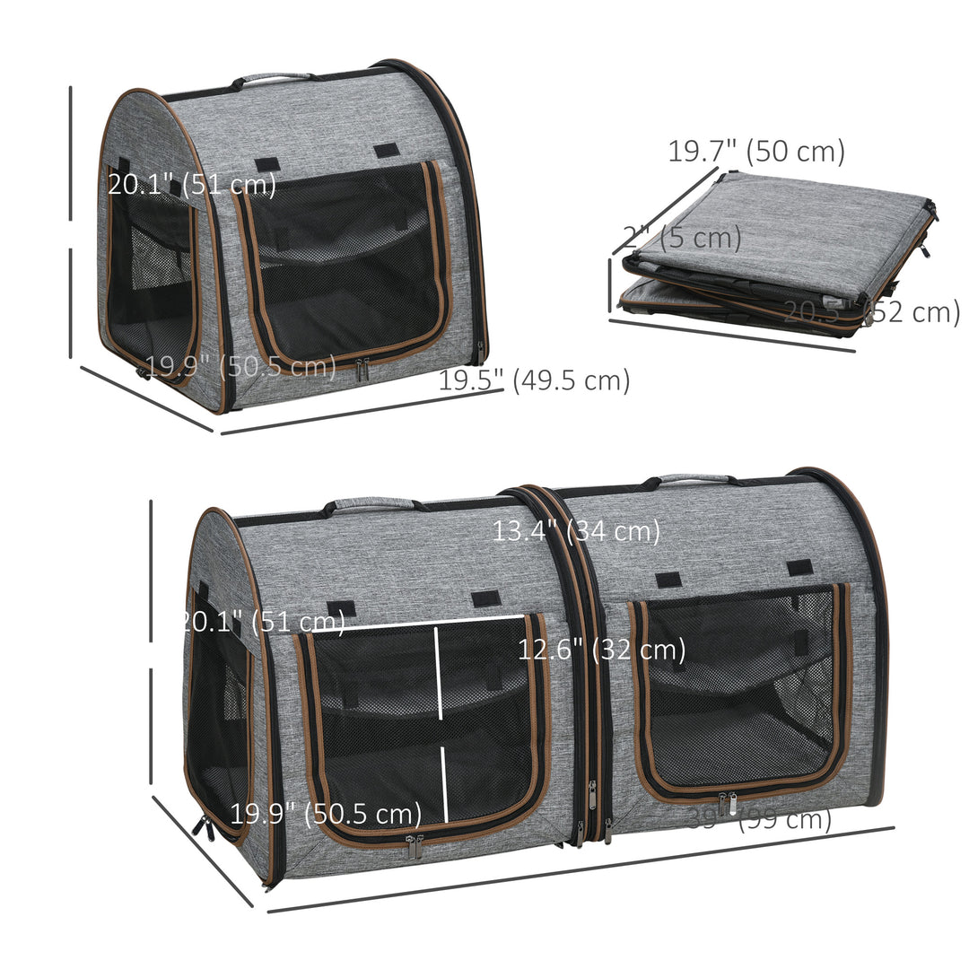PawHut 39" Travel Pet Carrier, Portable Soft-Sided Cat Carrier with Divider, Two Compartments, Cushions, & Storage Bag, Grey
