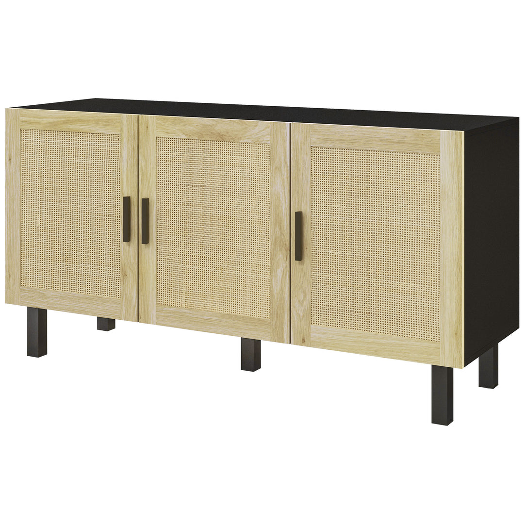 HOMCOM Boho Sideboard Buffet Cabinet with 3 Rattan Doors, Kitchen Cabinet with Adjustable Shelves, Black and Natural