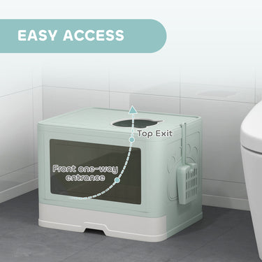 PawHut Cat Litter Box, Front Enter & Top Exit Cat Litter Tray with Scoop, Pull-out Tray, Easy to Clean, Green